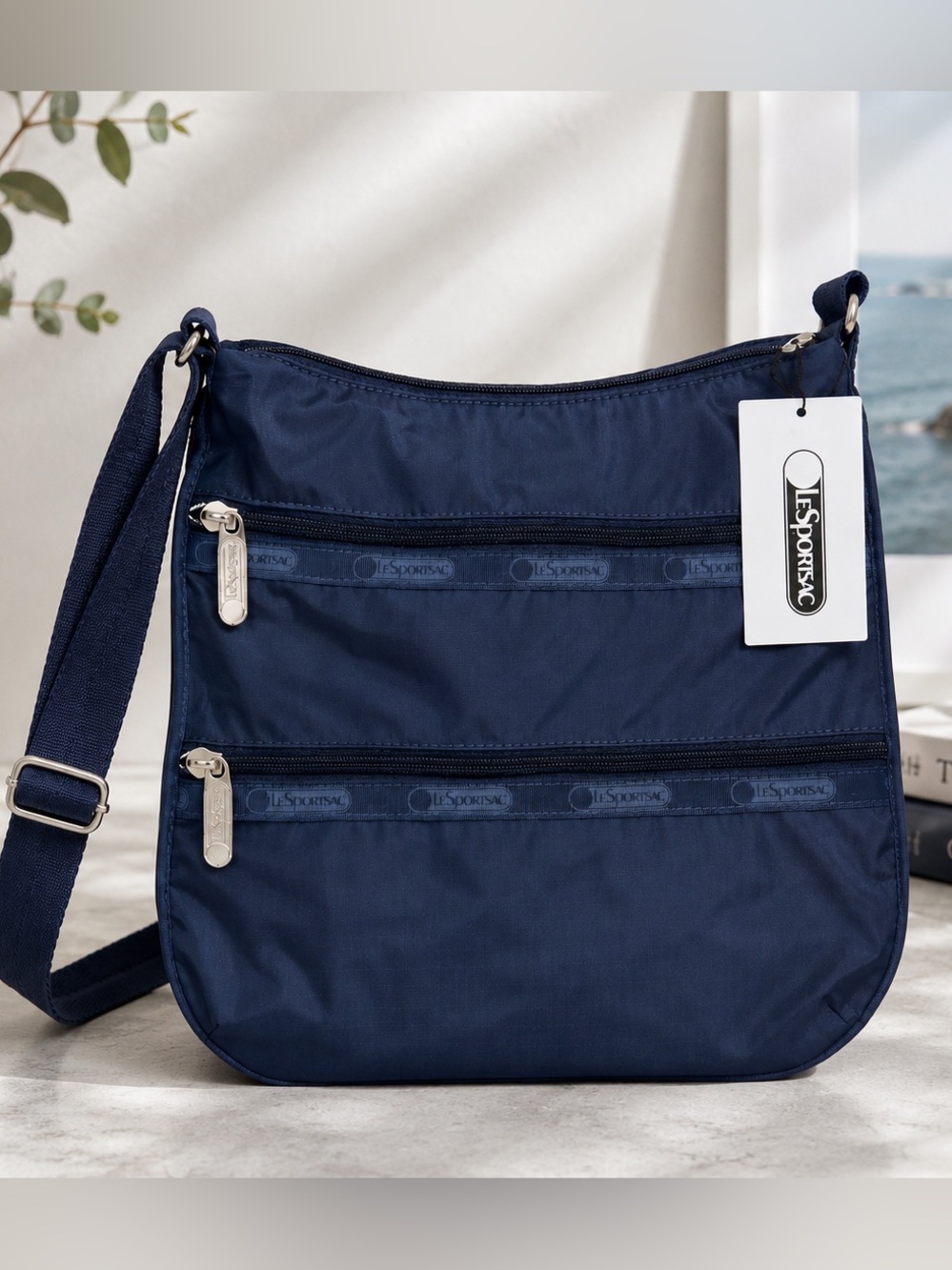 LeSportsac Quinn Navy Blue Ripstop Nylon Triple Zip Crossbody Bag NWT